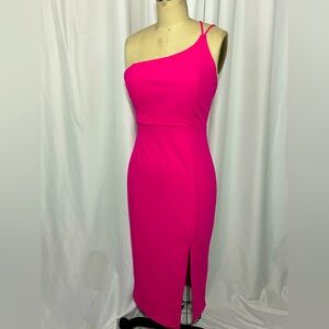 NEW Hot Pink Knit One Shoulder Formal Midi Dress Small NWT